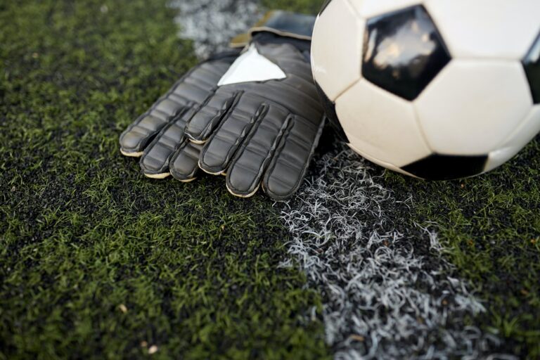 soccer ball and goalkeeper gloves on field